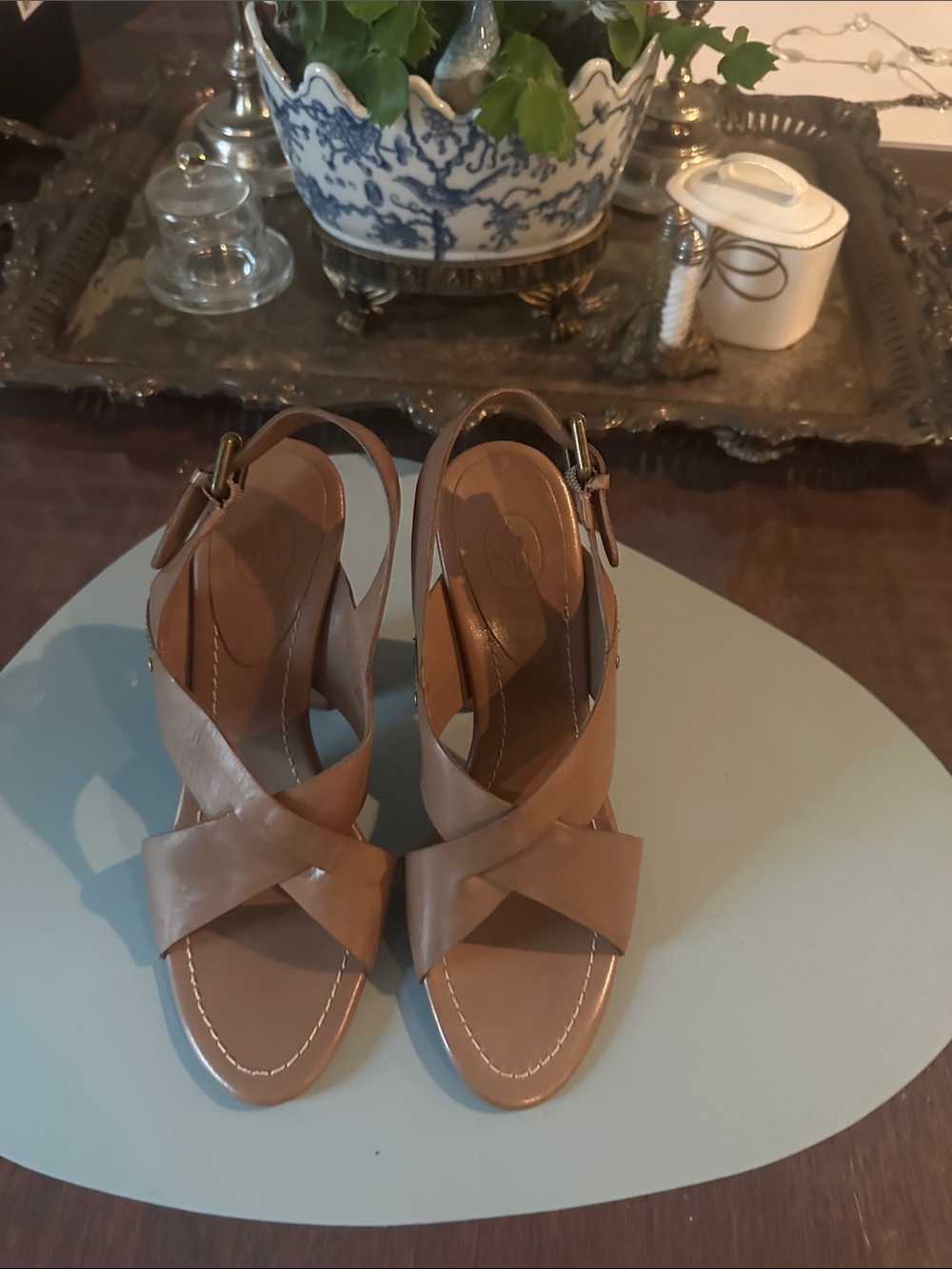 Ash Brown Crisscross Leather Slingback Heels